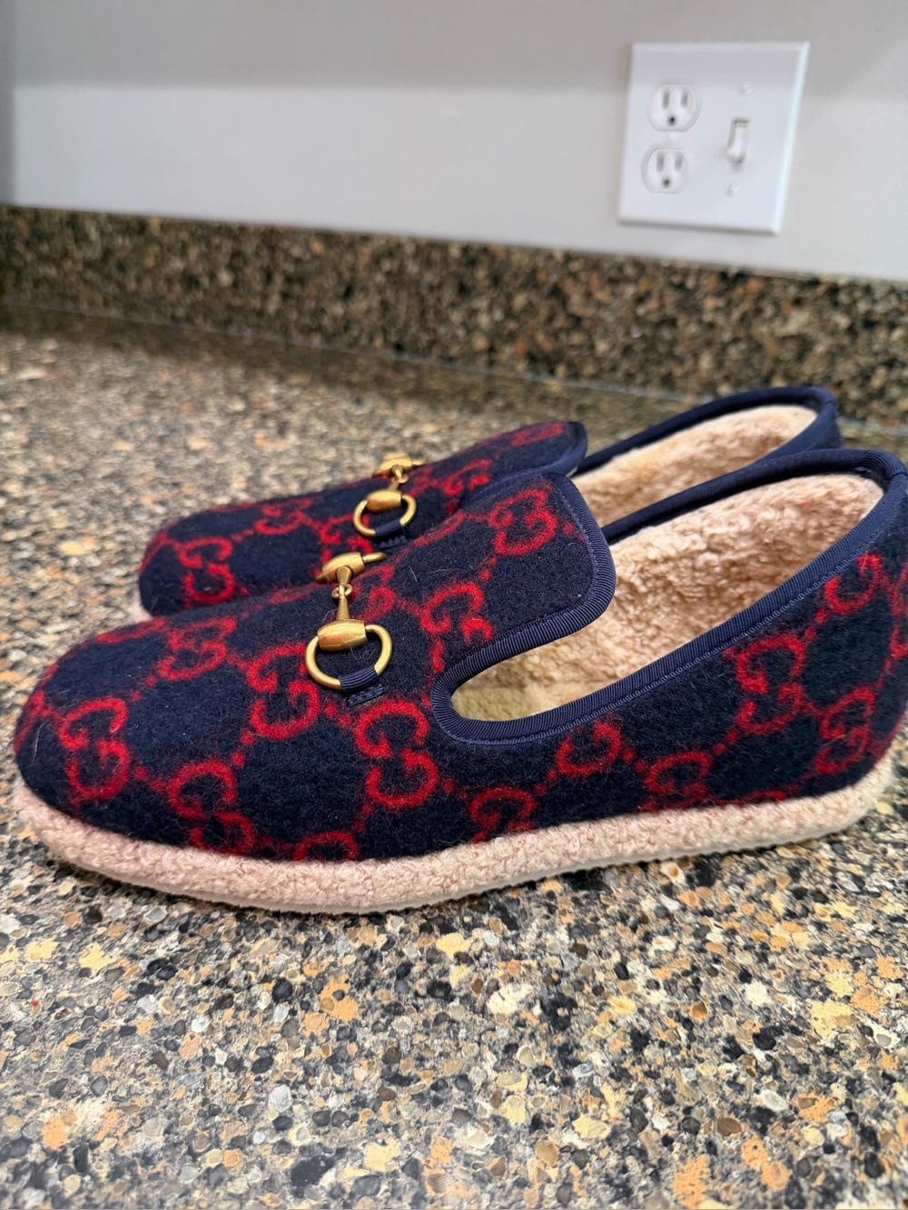 Gucci Navy & Red Wool Shearling Horsebit Slippers new ladies 8 or mens 5.5